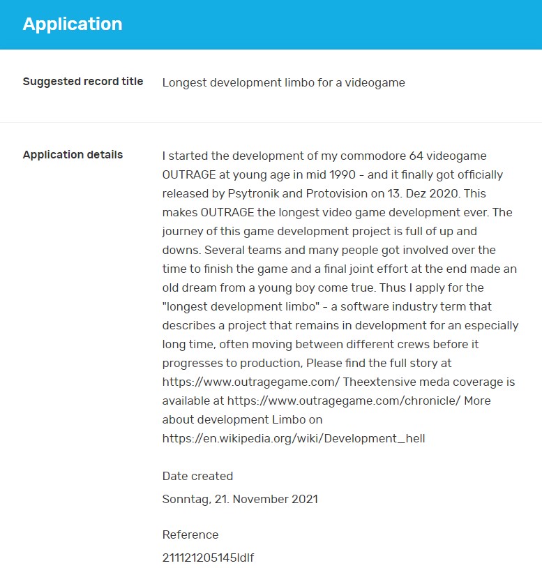 GBR - Application - Longest Development Limbo - OUTRAGE